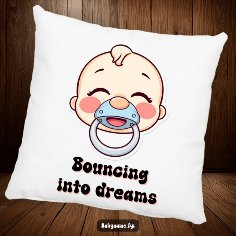 Funny pacifier pillow depicting a giggling pacifier bouncing with glee, a soft and humorous decorative item for a cheerful atmosphere.