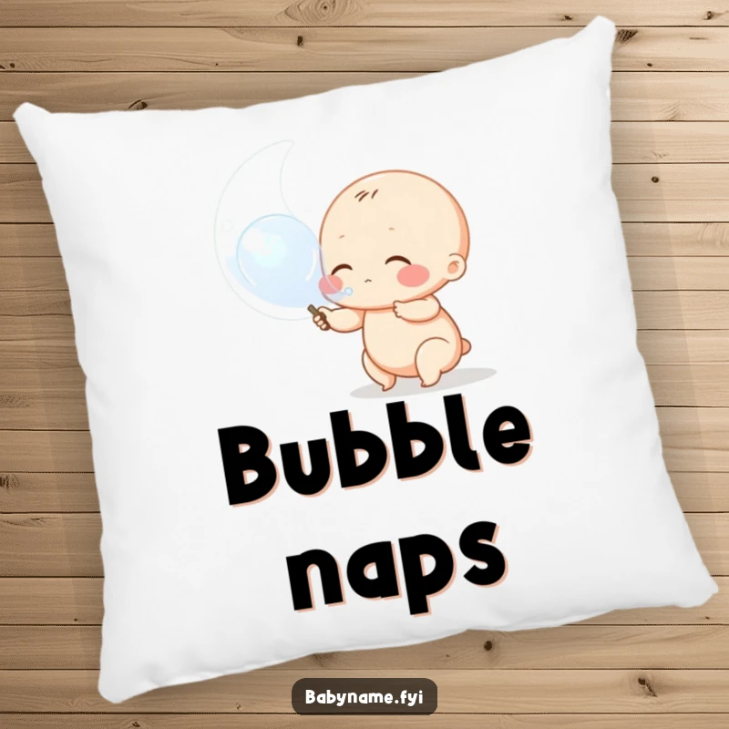Funny baby bubble pillow, a plush cushion with a design of a chubby baby character blowing a big, shiny bubble.