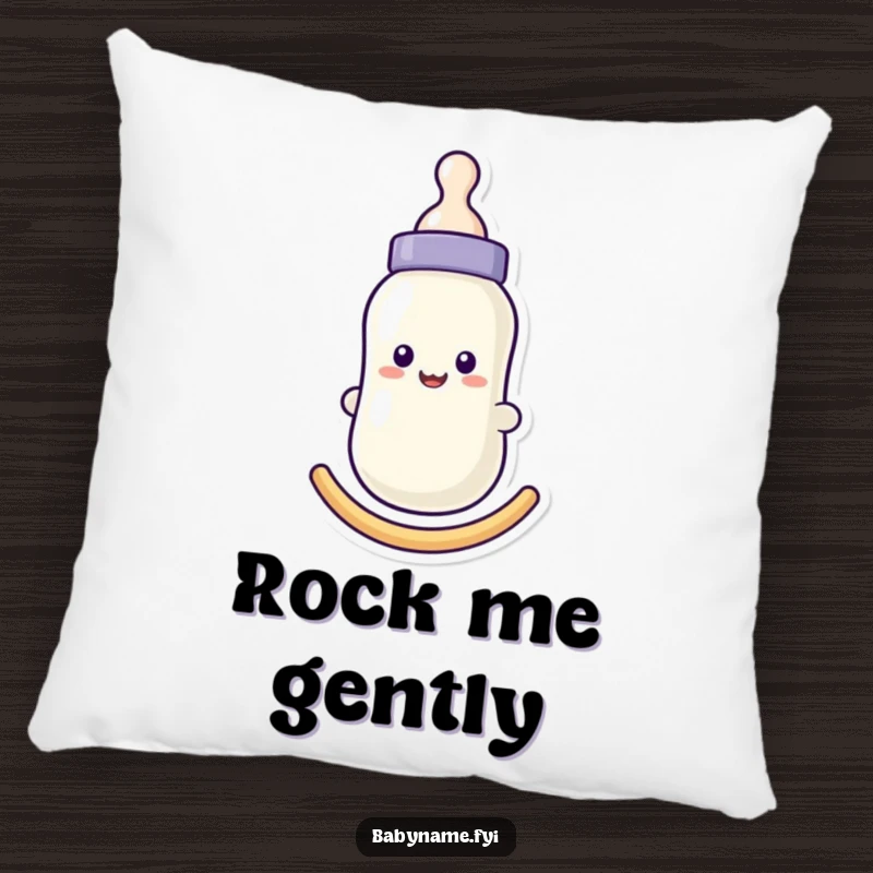 Funny baby bottle pillow with a smiling face, gently rocking, offering comfort and sweet humor for nurseries and living spaces.