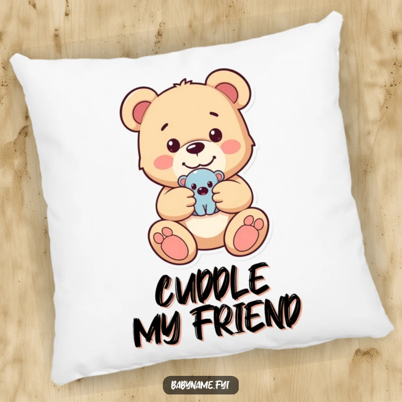 Funny pillow featuring a happy teddy bear holding a small toy, offering plush comfort and a dose of sweet, innocent charm.