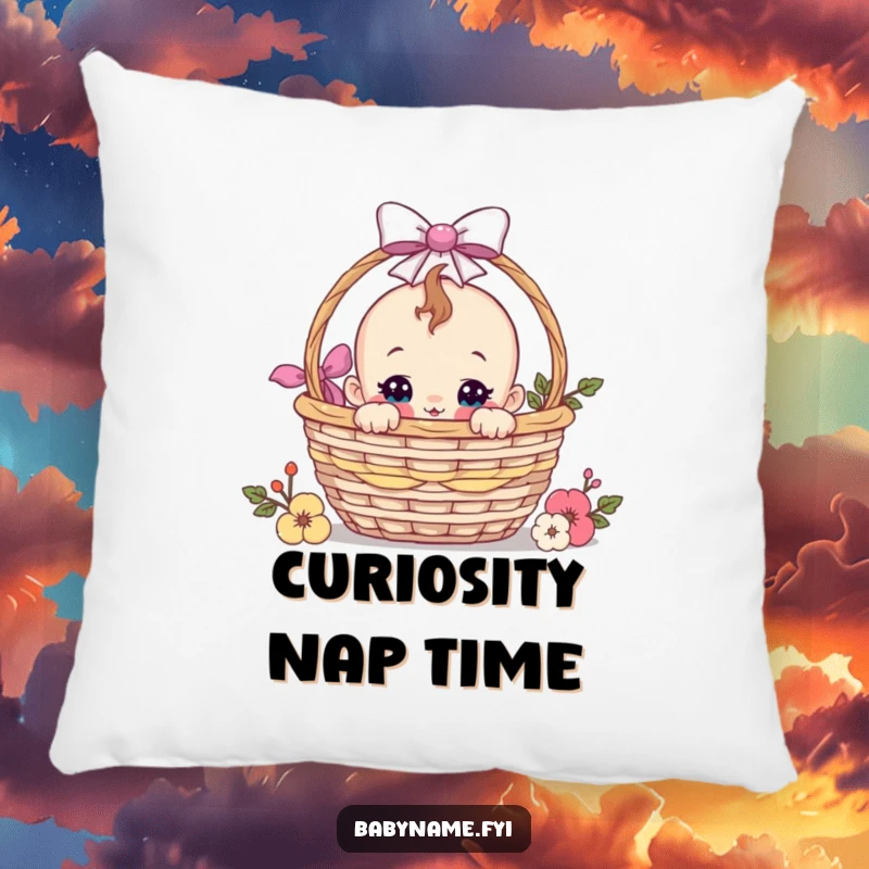 Funny baby peeking from a gift basket on a plush pillow, offering comfort and a touch of playful, humorous curiosity.