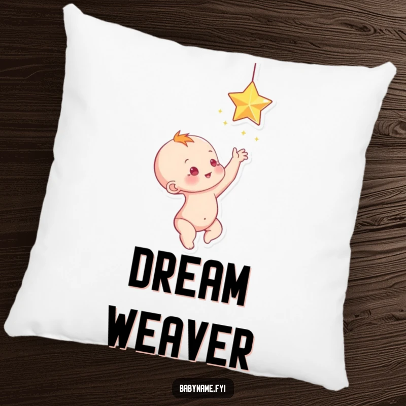 Funny baby reaching for a sparkling star, a soft and funny pillow.
