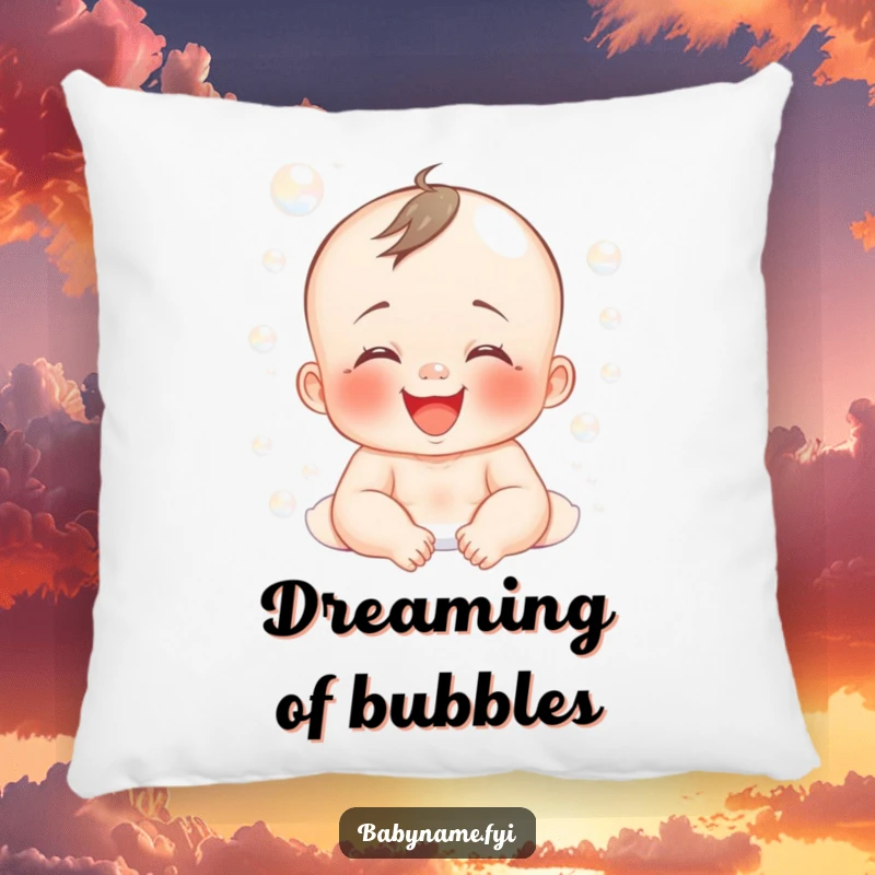 Funny decorative pillow featuring a giggling baby covered in soft bubbles, bringing playful energy.