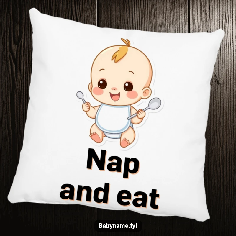 Funny baby pillow featuring a smiling baby character wearing a bib and holding a spoon. Soft, comfortable, and humorously adorable home decor.