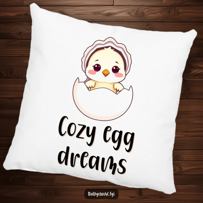 Funny Baby Bird Pillow with a cute baby bird in a bonnet peeking from an egg, offering comfort, charm, and humor.
