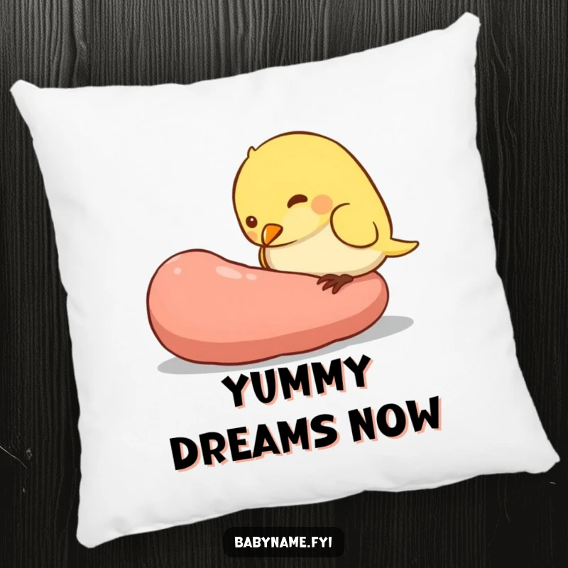 Funny pillow featuring a plump baby bird character determinedly pecking at a giant worm, offering comfort with a side of humor.