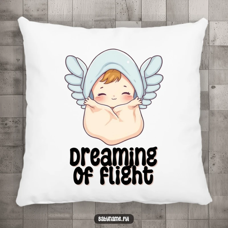 Funny baby blanket pillow depicting a cute blanket flapping with gentle wings, a soft and humorous decorative item for a dreamy atmosphere.