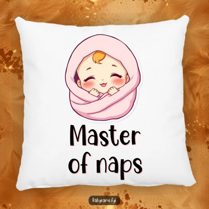 Funny pillow featuring a contented baby wrapped in a blanket, smiling. Soft, plush, and peaceful decor.