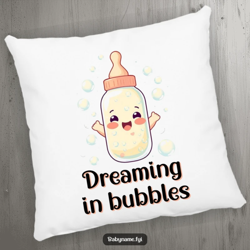 Funny baby bottle pillow depicting a bottle overflowing with cheerful bubbles, a soft and humorous decorative item for a bubbly atmosphere.