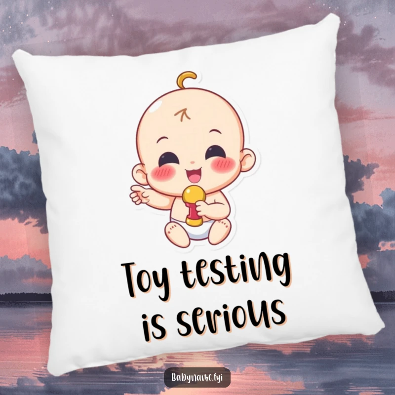 Funny baby pillow showcasing a happy baby character gleefully waving a rattle, adding a touch of playful comfort.