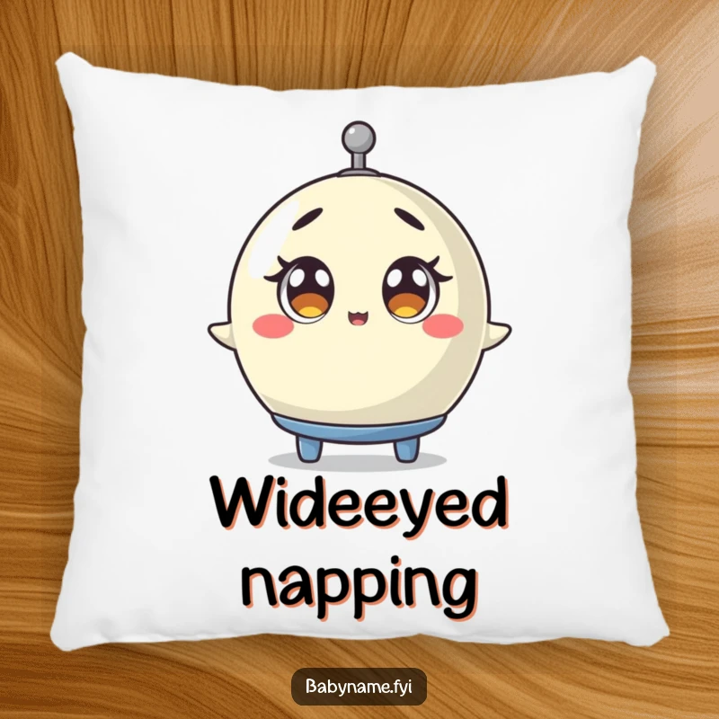Funny baby mobile pillow depicting a mobile spinning with wide, surprised eyes, a soft and humorous decorative item for a comical atmosphere.