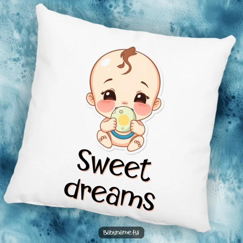 Funny baby pacifier pillow, a plush cushion with a design of a giggling baby character holding a pacifier with a wide smile.