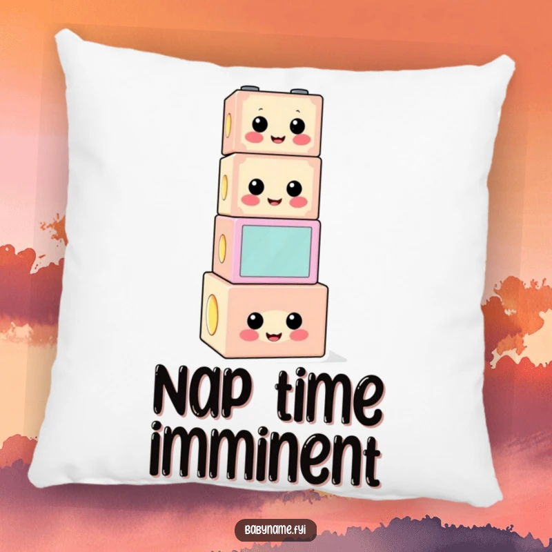 Funny building block pillow depicting a cheerful, precariously stacked block character, offering soft, humorous comfort.