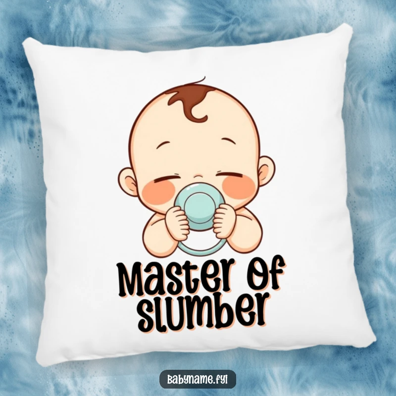 Funny decorative pillow featuring a peaceful baby with rosy cheeks holding a pacifier, promoting relaxation.