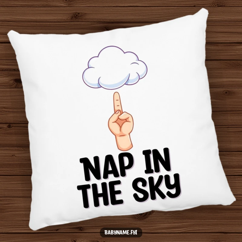 Funny pillow design showing a small hand delicately reaching towards a soft, inviting cloud, evoking peace and dreams.