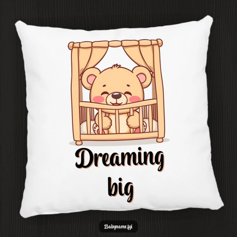 Funny giggling teddy bear peeking from a crib, depicted on a plush pillow for cozy, humorous, and adorable baby-themed comfort.
