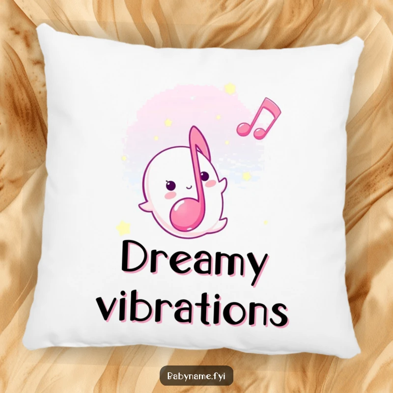 Funny lullaby musical note pillow, floating gently upward, bringing soft, sweet, and humorous comfort.