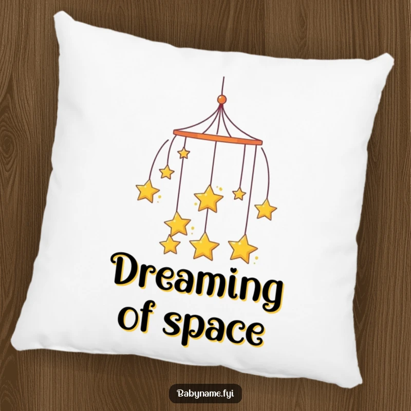 Funny curious mobile pillow, with hanging stars spinning slowly, adding soft comfort and dreamy wonder.