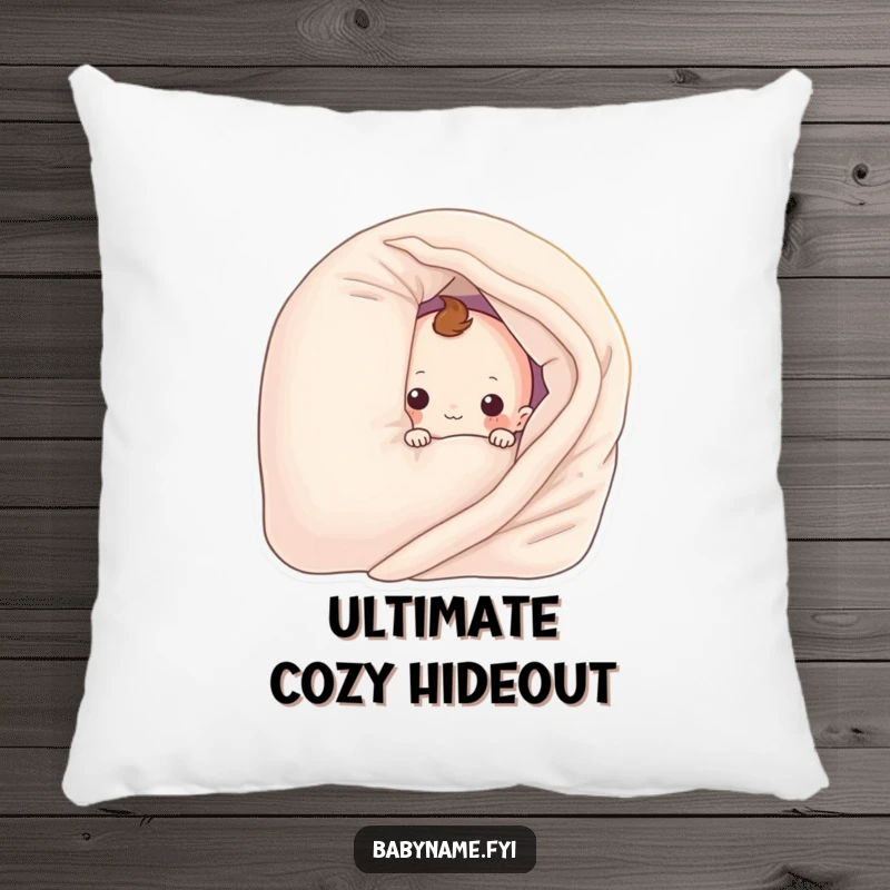 Funny baby blanket character hiding behind a pillow, printed on a soft, decorative pillow. A humorous and comforting accent.