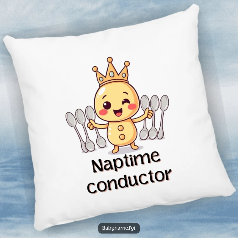 Funny Pillow: A cheerful rattle with a crown conducts spoons, adding a funny and cozy touch to any room.