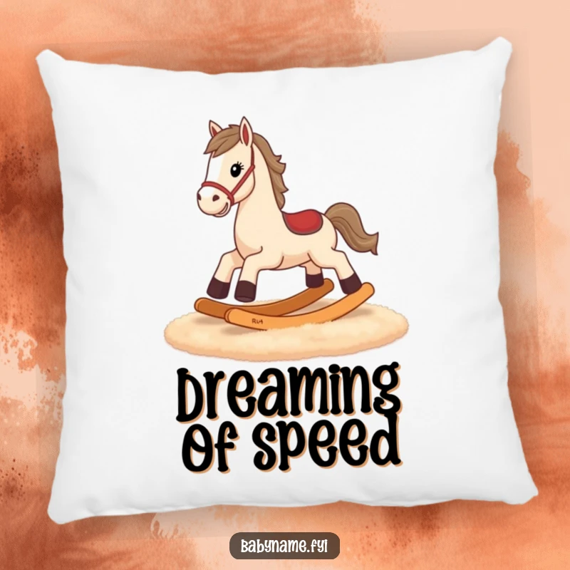 Funny rocking horse pillow, soft cushion with tiny legs galloping, expressing determination and lighthearted humor.