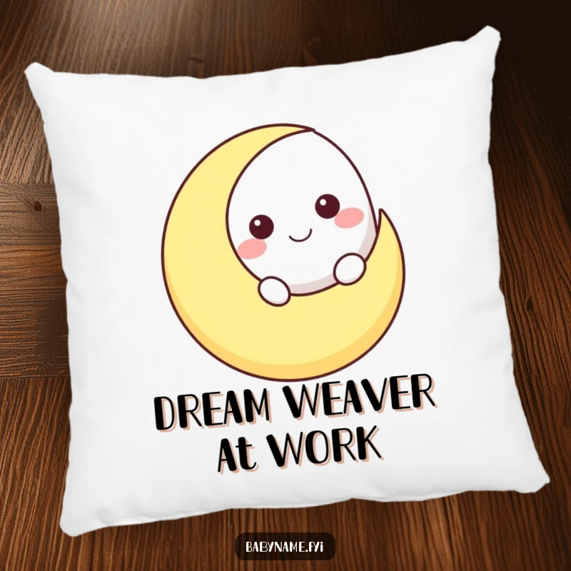 Funny smiling moon character peeking over a crescent moon shape, printed on a soft and humorous celestial accent pillow.