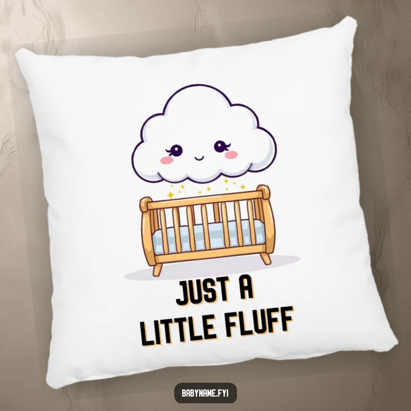 Funny playful cloud character sprinkling gentle sparkles downward onto a crib, featured on a soft and decorative pillow for a baby's room.