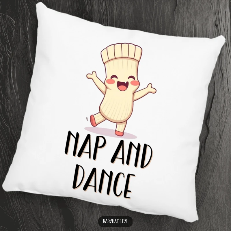Funny pillow featuring a delighted baby sock doing a silly dance, offering plush comfort and a touch of playful, lighthearted fun.