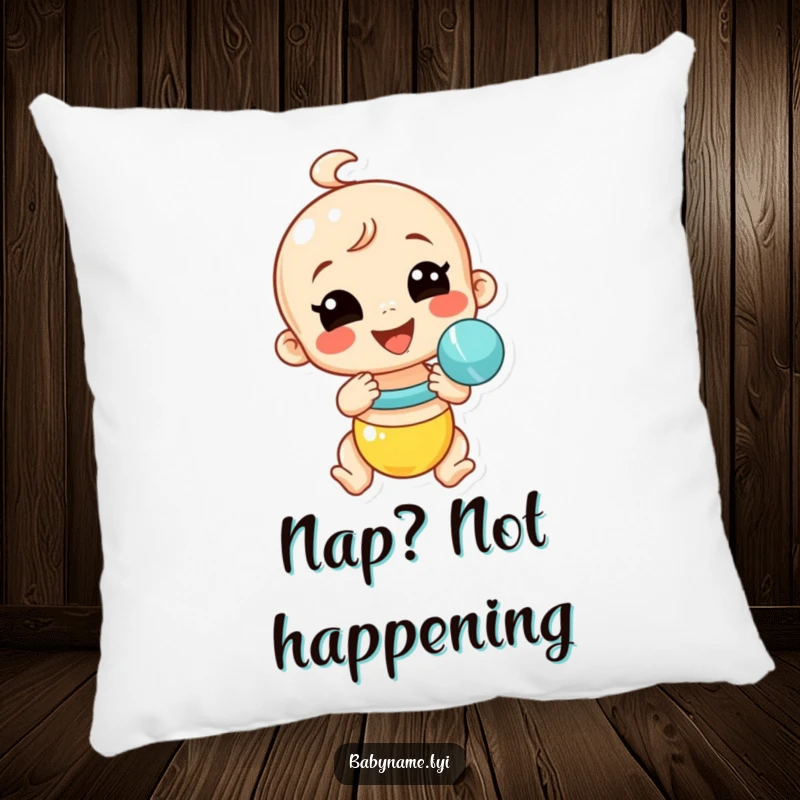 Funny baby rattle pillow depicting a smiling rattle shaking energetically, a soft and humorous decorative item for a cheerful atmosphere.