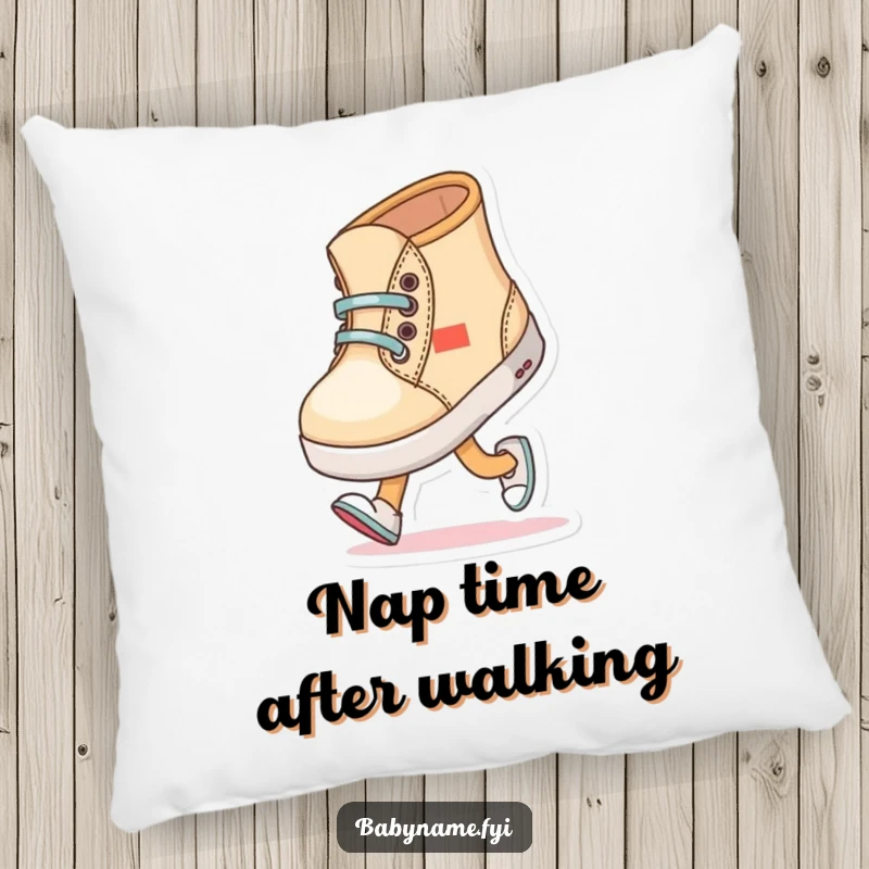 Funny baby shoe character comically trying to walk with wobbly steps, printed on a soft and humorous accent pillow.
