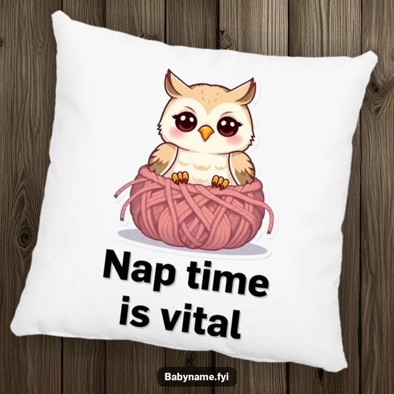Funny baby owl pillow featuring a cute owlet in a knitted nest, designed for maximum comfort and charm.