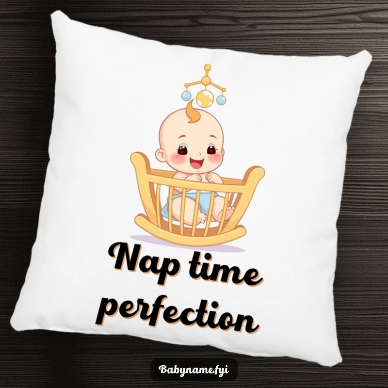 Funny pillow with a smiling baby reaching for a colorful mobile above a crib, adding charming comfort.