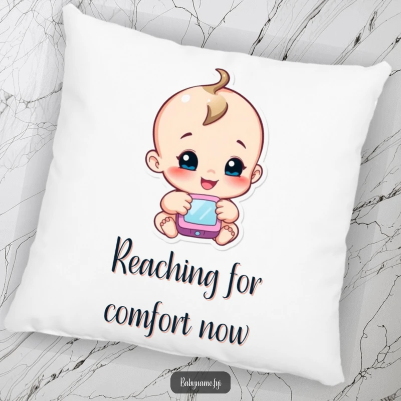 Funny baby pillow showcasing a smiling baby character reaching towards a soft mobile, adding a cozy touch of curiosity.