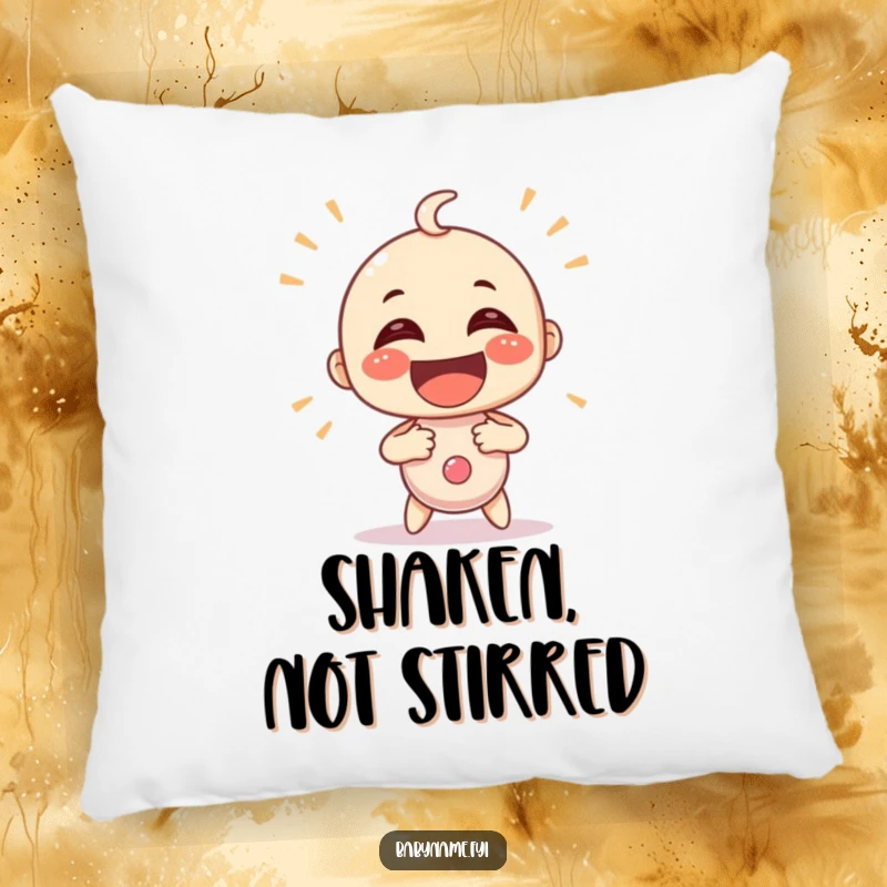Funny baby rattle character shaking with exaggerated happiness, printed on a soft, decorative pillow. A humorous home accent.