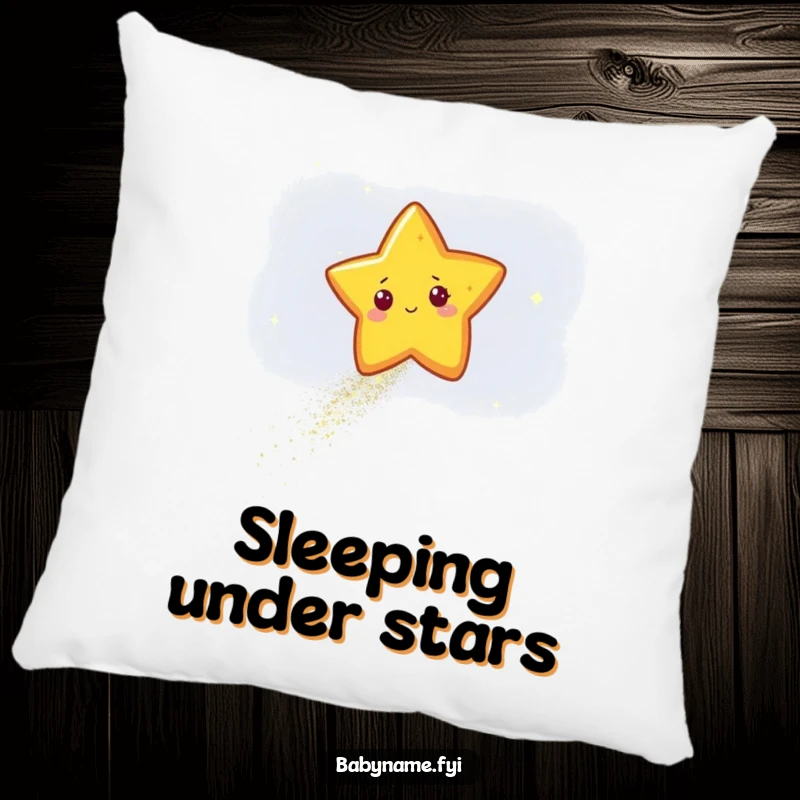 Funny star character leaving a sparkling trail of glitter across a dark sky, printed on a soft and humorous celestial accent pillow.