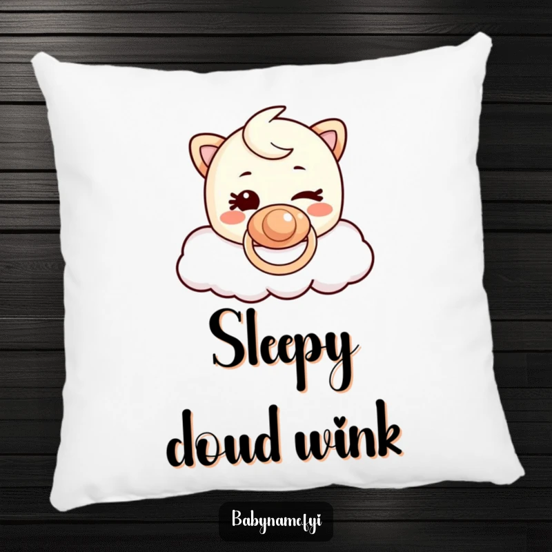 Funny Pacifier Cloud Pillow: Soft pacifier character winking mischievously while floating on a comfy cloud.