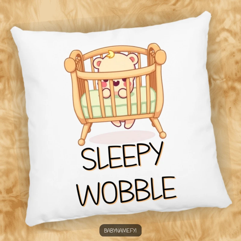 Funny pillow featuring a playful crib railing with a wobbly leg, offering comfort and a humorous nod to baby’s adventures.