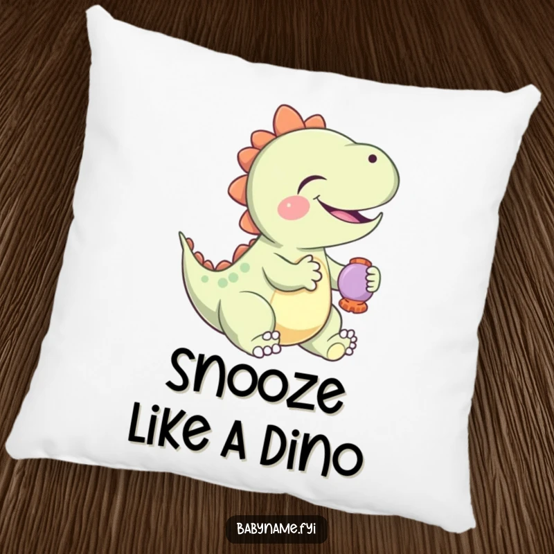 Funny Pillow featuring a giggling baby dinosaur playing with a rattle, providing soft comfort and a dose of ancient, funny charm.