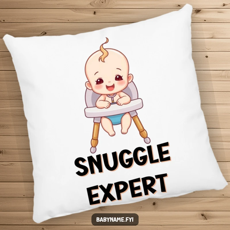 Funny Happy Baby Pillow featuring a cute baby sitting happily in a cozy high chair, bringing comfort and whimsical humor.
