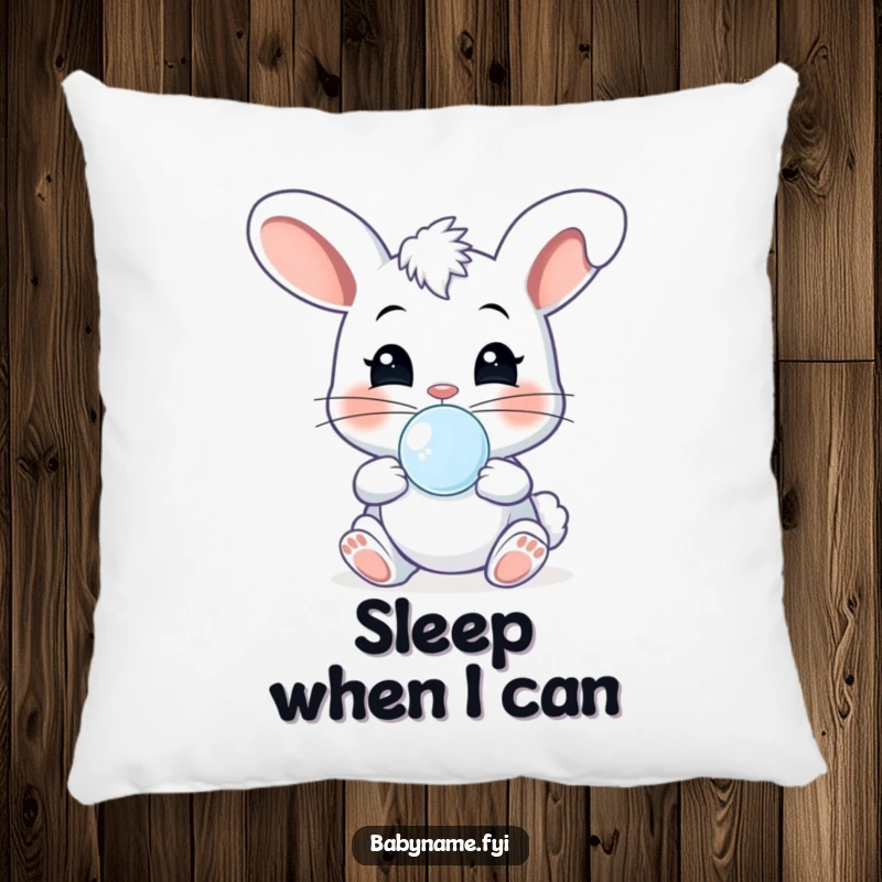 Funny cheeky baby bunny wearing a pacifier, captured in a happy giggle while bouncing, bringing soft humor to this pillow.