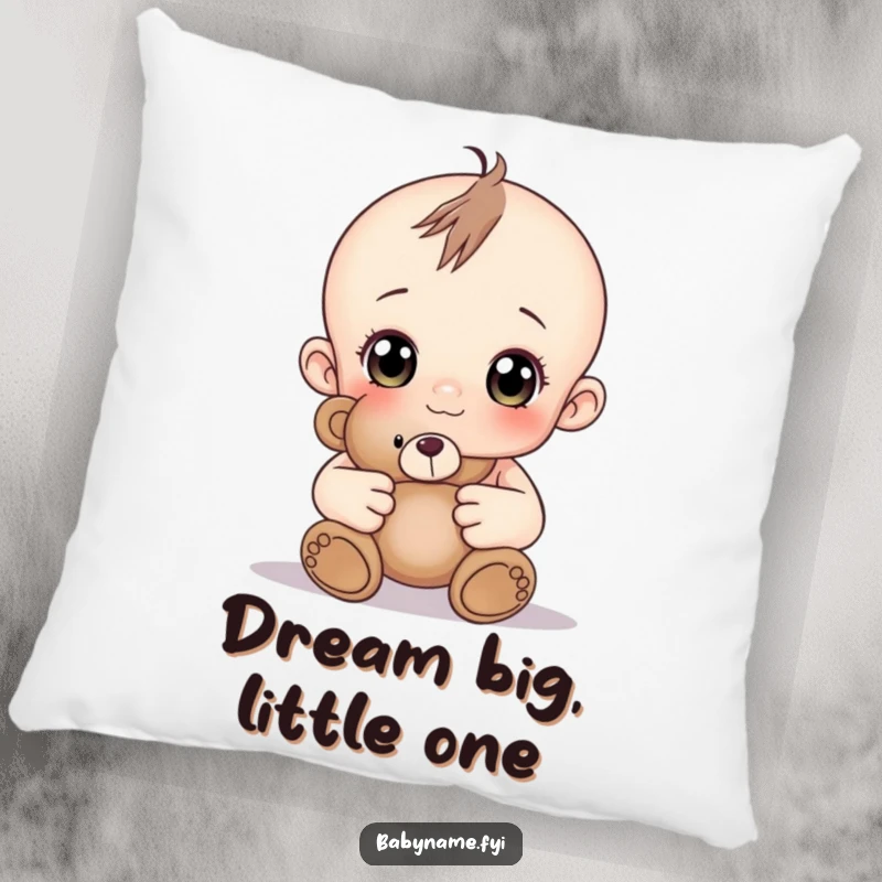 Funny baby with curious eyes holding a teddy bear, a soft and funny pillow.