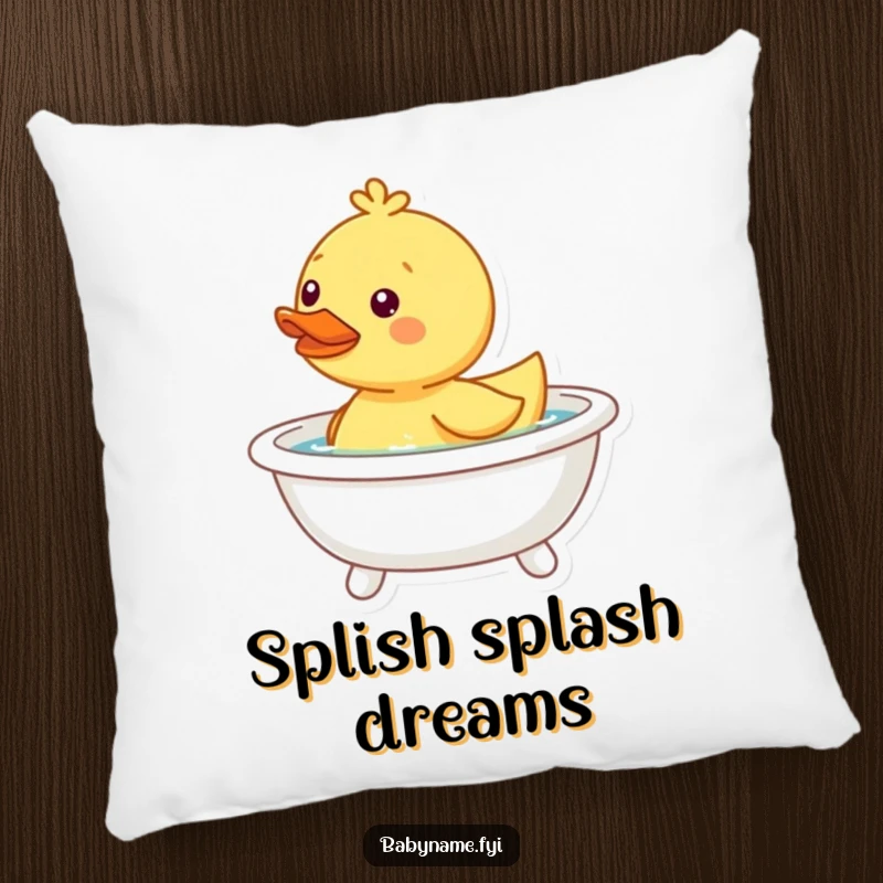 Funny happy duckling pillow, bobbing in a tiny bathtub, soft and comforting for playful decor.