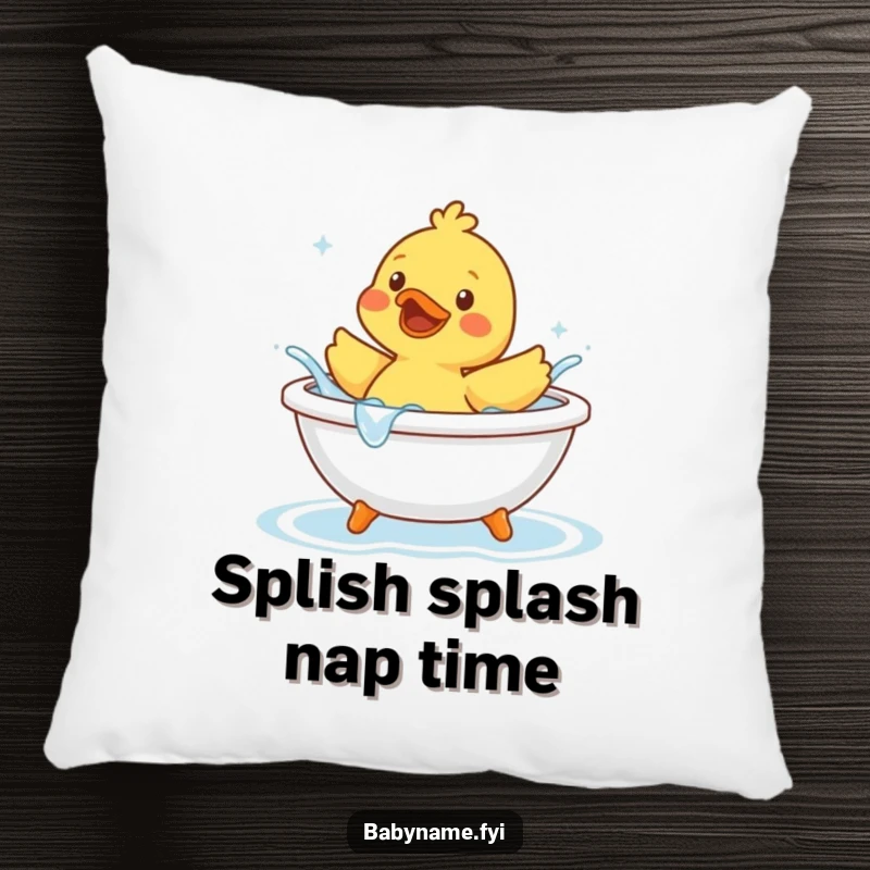 Funny rubber duck character joyfully splashing water in a tiny bathtub, printed on a soft and charming accent pillow.