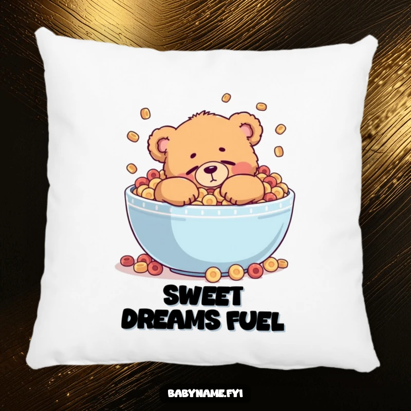 Funny pillow with a chubby teddy bear character attempting to nap inside a giant, overflowing bowl of cereal, perfect for comfort.