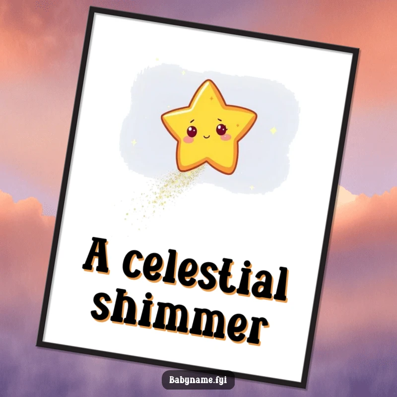 Funny star character leaving a sparkling trail of glitter across a dark sky, as a downloadable digital art print for celestial decor.