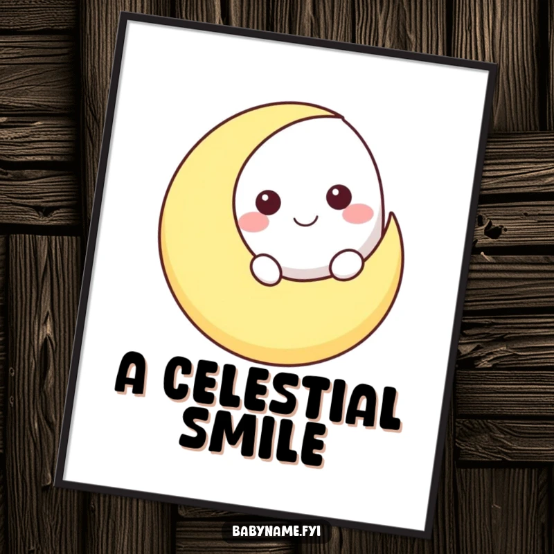 Funny smiling moon character peeking over a crescent moon shape, as a downloadable digital art print for celestial decor.