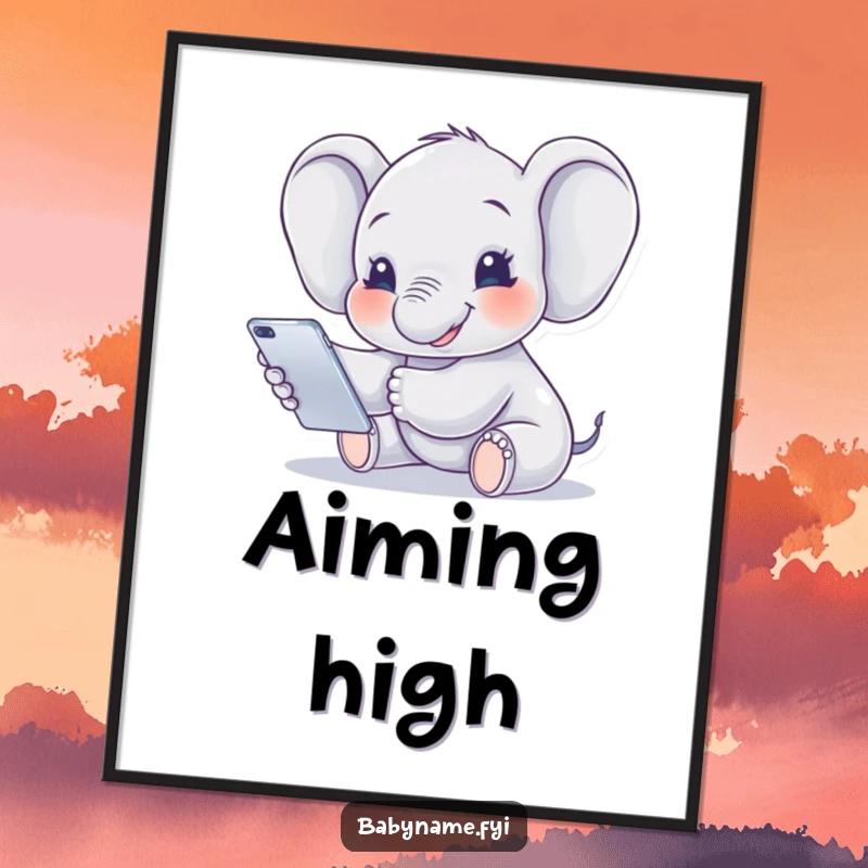 Funny Digital Art Print of a smiling baby elephant reaching for a mobile, ready to print and bring smiles.