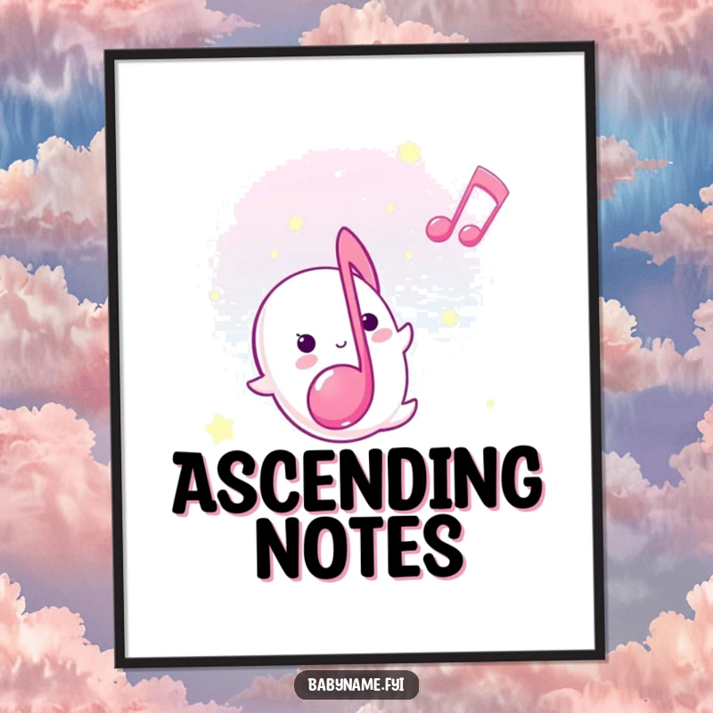 Funny lullaby musical note digital art print, floating gently upward, radiating sweet, peaceful, and humorous energy.