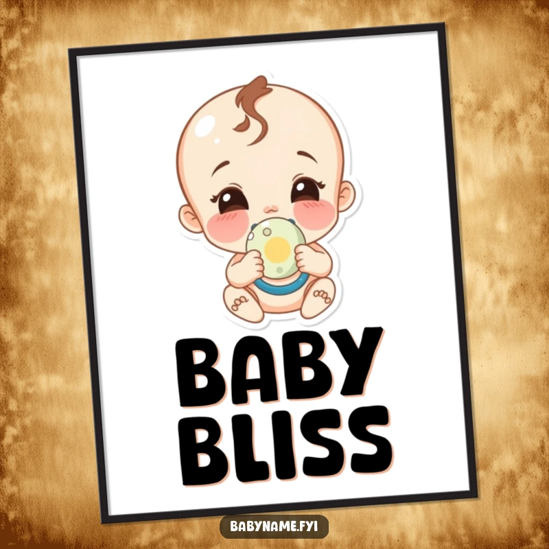 Funny baby pacifier digital art print, a high-resolution download of a giggling baby character holding a pacifier with a wide smile.