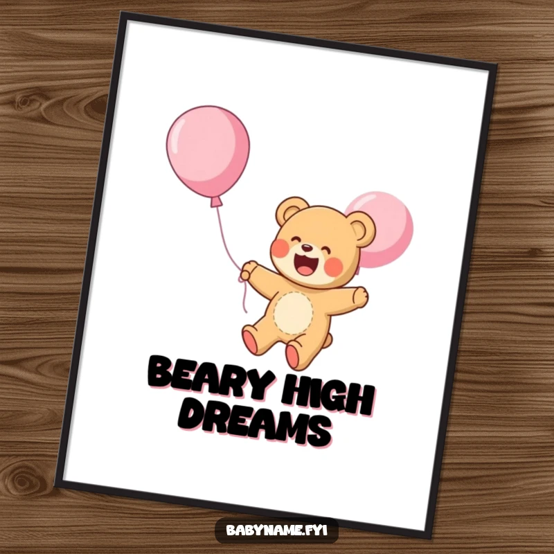 Funny Digital Art Print: A giggling teddy bear joyfully floats upwards on a balloon, capturing a moment of pure, carefree happiness.